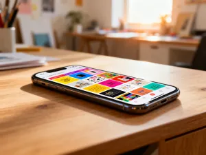 Nowoczesny smartfon z ikoną tarczy ochronnej na ekranie na tle cyfrowego kodu, symbolizujący bezpieczeństwo urządzenia.