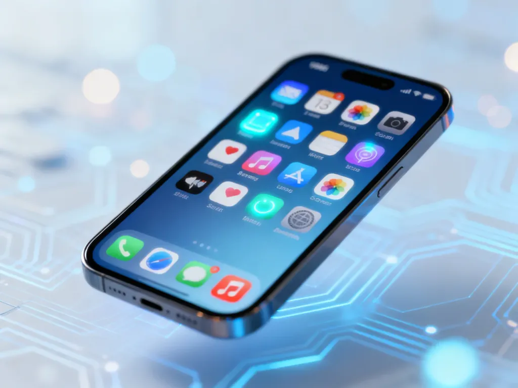 Zbliżenie na ekran nowoczesnego smartfona z kolorowymi ikonami aplikacji na minimalistycznym, technologicznym tle.