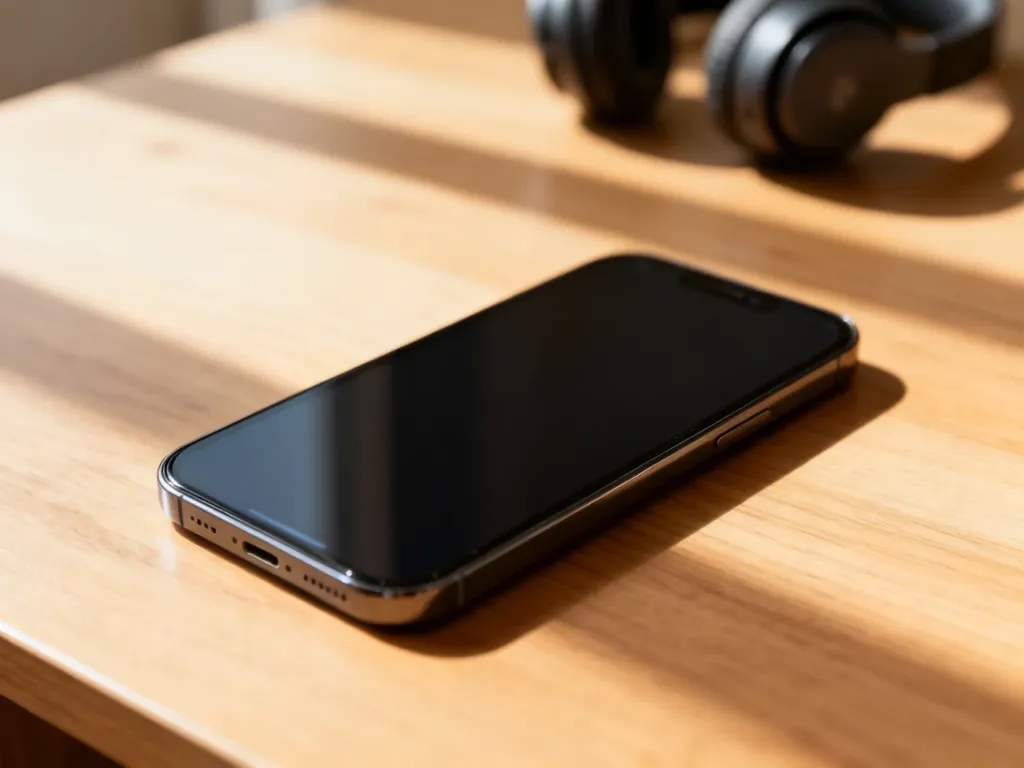 Nowoczesny smartfon leżący na drewnianym biurku obok rozmytych słuchawek bezprzewodowych.