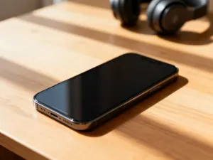 Nowoczesny powerbank podłączony białym kablem do smartfona na drewnianym biurku, gotowy do ładowania urządzenia.