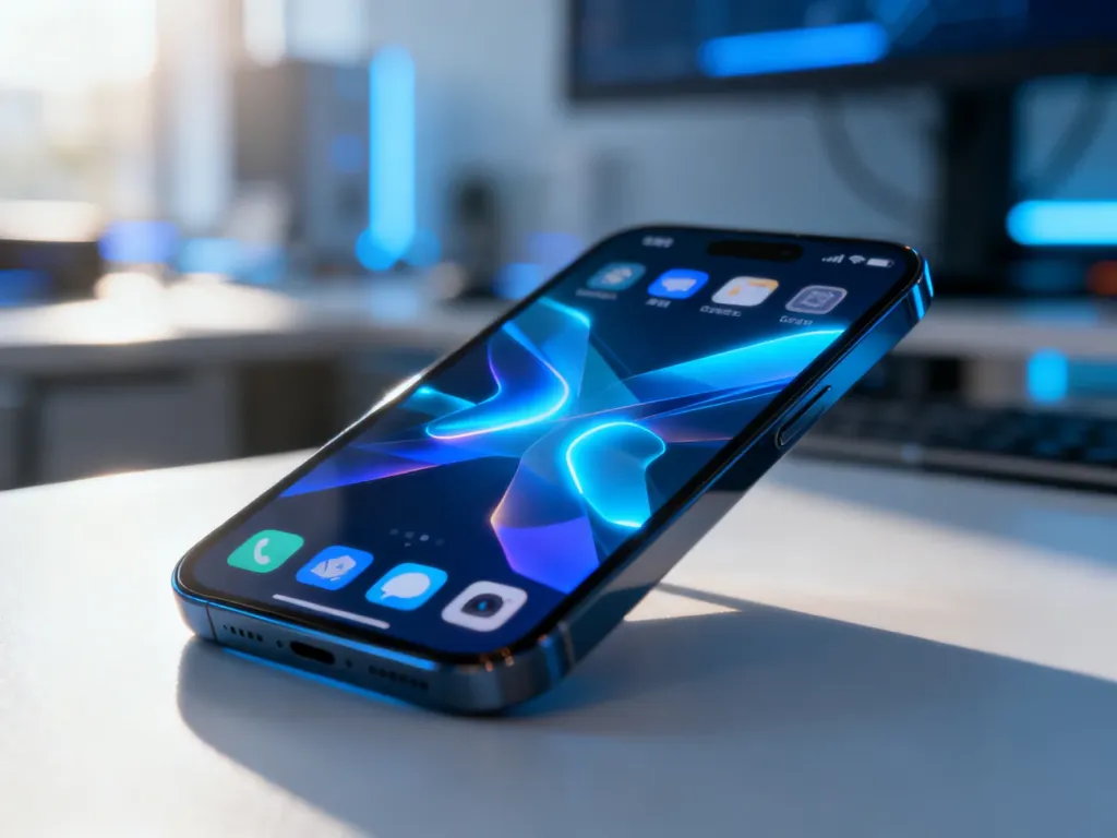 Nowoczesny smartfon z kolorowym interfejsem systemu Android na minimalistycznym biurku w świetle poranka.