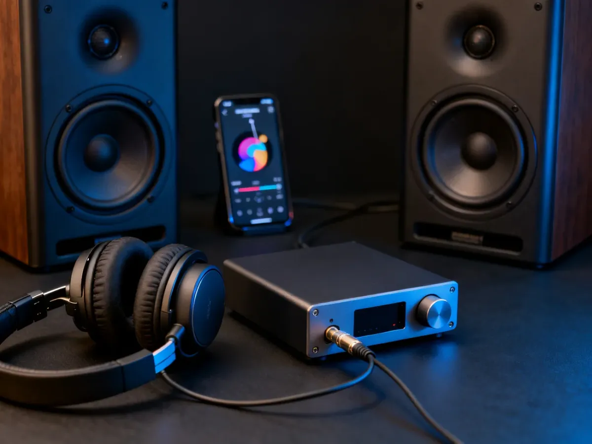 Zestaw audio z przewodowymi słuchawkami, przetwornikiem DAC i głośnikami