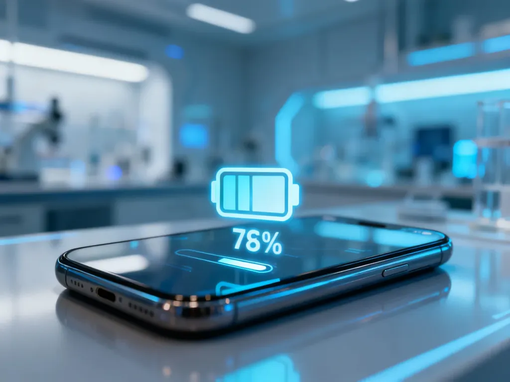 Ikona naładowania baterii smartfona wskazująca 85% na tle nowoczesnego, futurystycznego laboratorium.