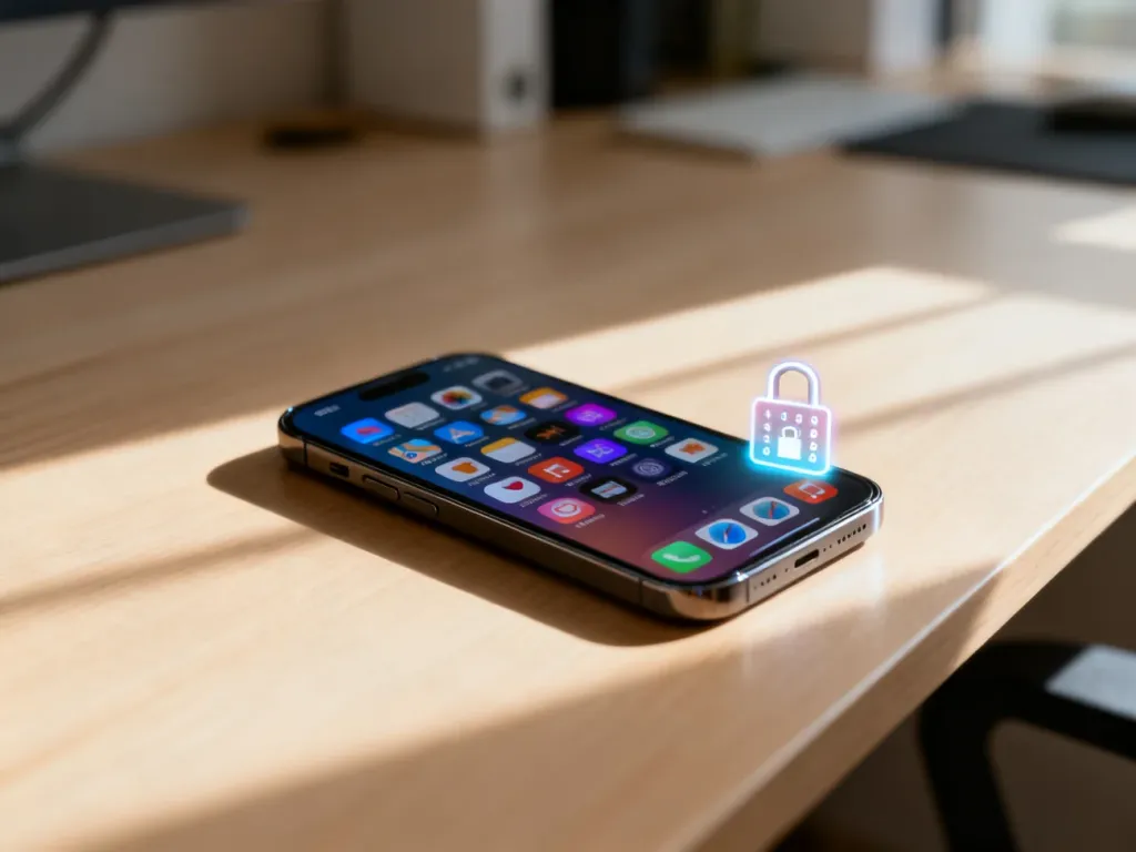Nowoczesny smartfon na drewnianym biurku z widoczną ikoną kłódki na ekranie, sygnalizującą zablokowany układ ikon.