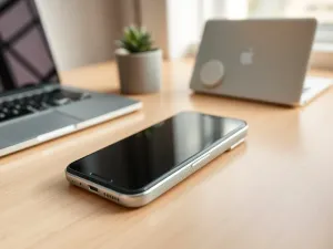 Nowoczesny smartfon z niedziałającym ekranem leżący na biurku obok narzędzi serwisowych, gotowy do naprawy.