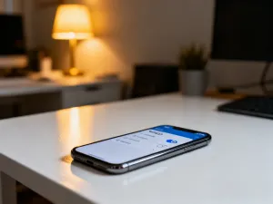 Nowoczesny smartfon z przejrzystym interfejsem One UI leżący na minimalistycznym drewnianym biurku.