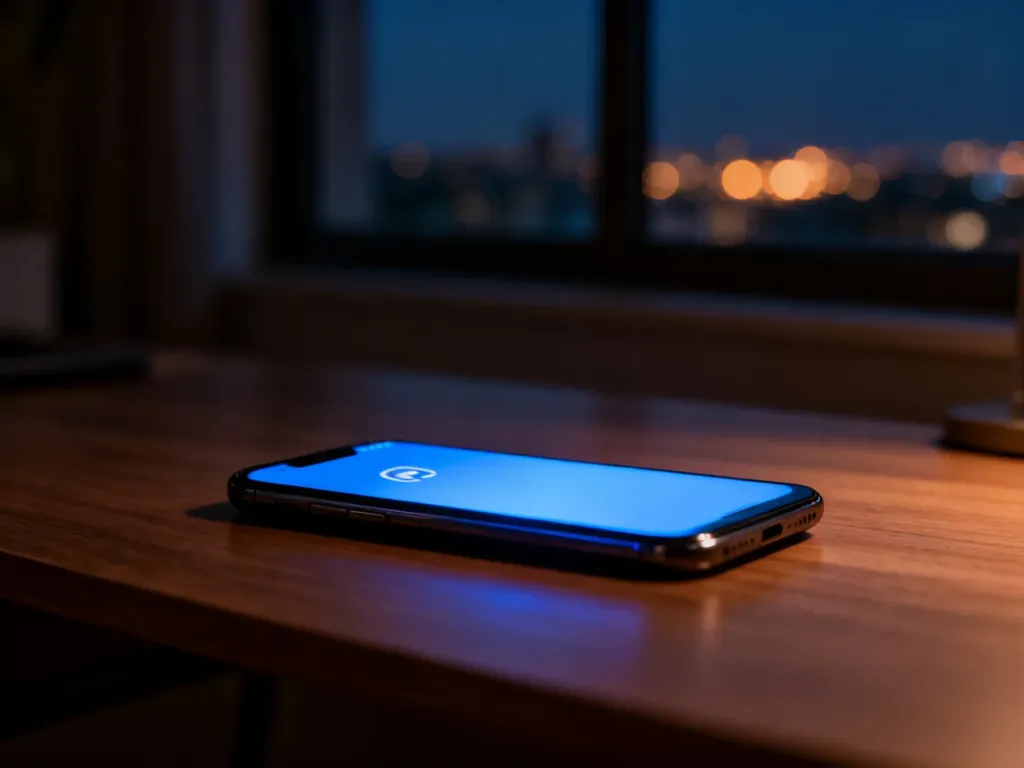 Smartfon z ikoną wyciszenia na drewnianym biurku w ciemnym pokoju, symbolizujący włączony tryb „Nie przeszkadzać”.