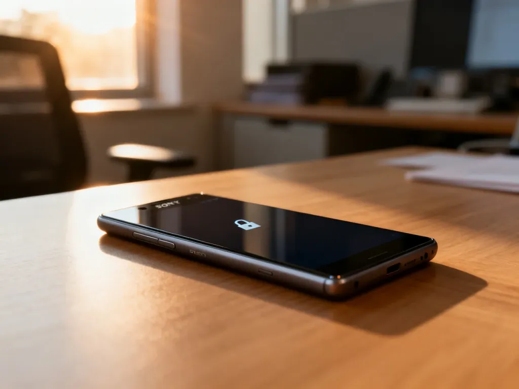 Nowoczesny smartfon Sony Xperia leżący na drewnianym biurku, symbolizujący problem z zablokowanym urządzeniem.