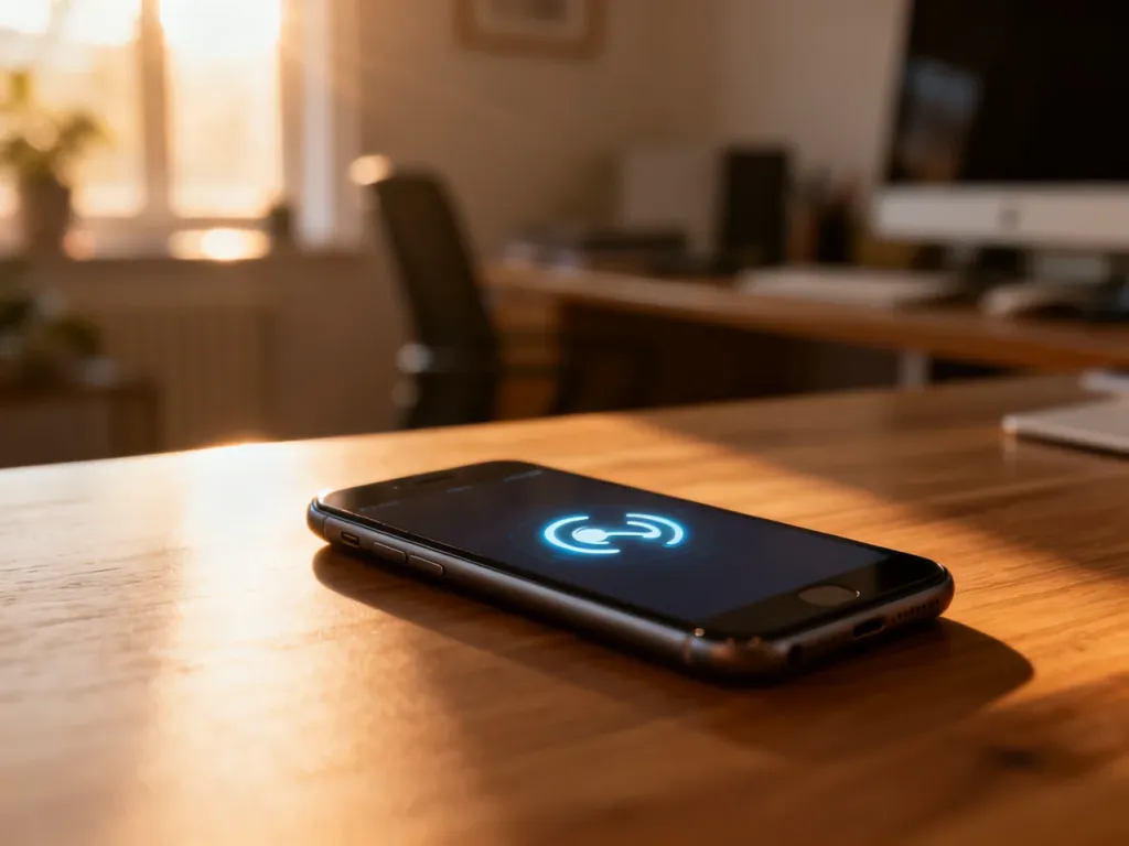 Smartfon na drewnianym biurku z widoczną ikoną połączenia, symbolizującą udostępnianie internetu.