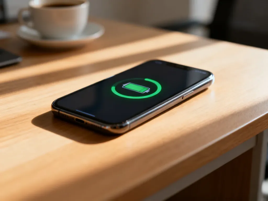 Smartfon leżący na drewnianym biurku z widoczną ikoną ładowania baterii w świetle poranka.