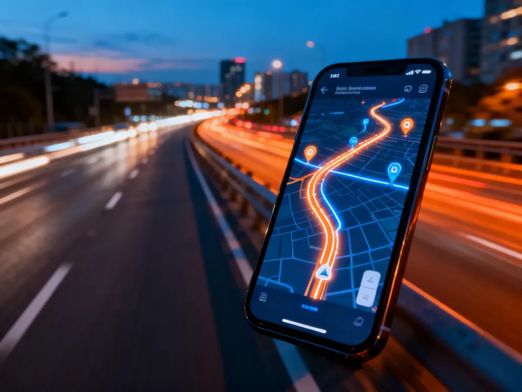 Ekran smartfona z nowoczesną mapą nawigacji GPS na tle rozmytej autostrady w wieczornym świetle.
