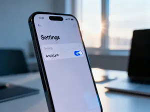 Nowoczesny smartfon na drewnianym biurku z ikoną aktualizacji systemu na ekranie, symbolizujący proces instalacji oprogramowania.