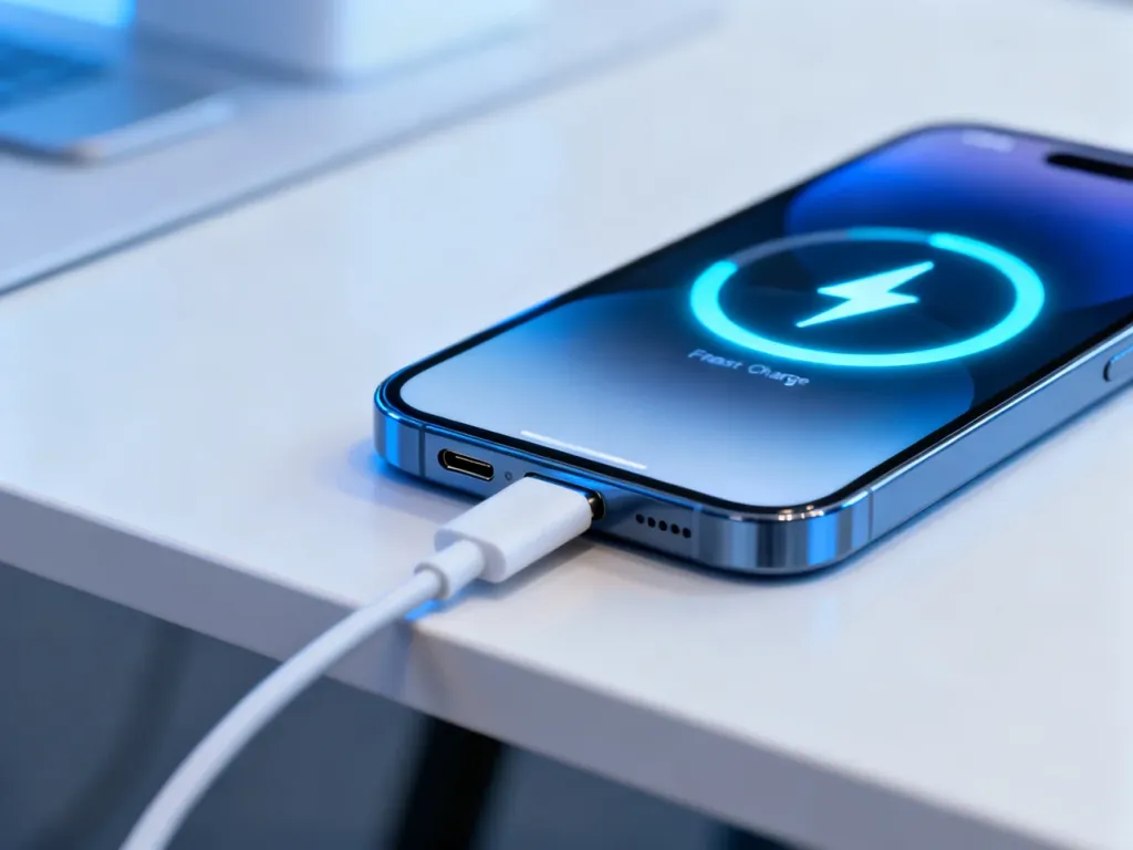 Nowoczesny smartfon podłączony do szybkiej ładowarki z ikoną błyskawicy na ekranie, sygnalizującą proces ładowania.