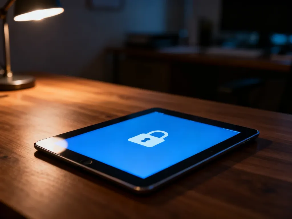 Zablokowany iPad leżący na drewnianym biurku, wyświetlający ikonę zabezpieczeń w przyciemnionym pomieszczeniu.