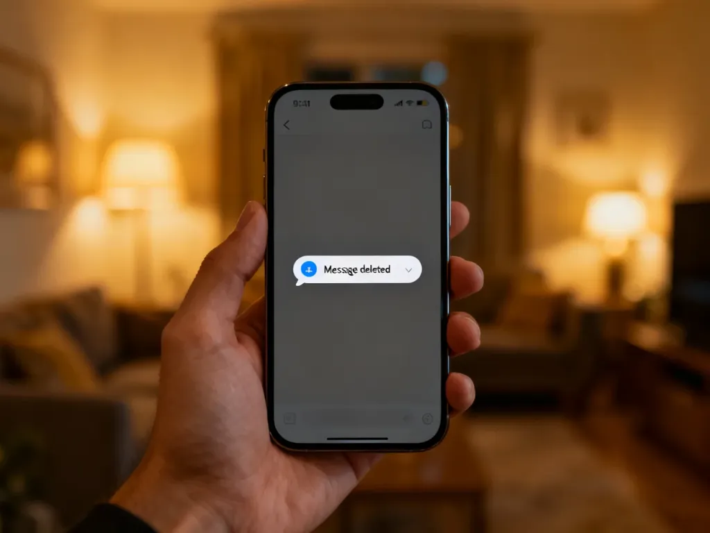 Ekran iPhone'a z powiadomieniem o usuniętej wiadomości w aplikacji czatu na tle przytulnego salonu.