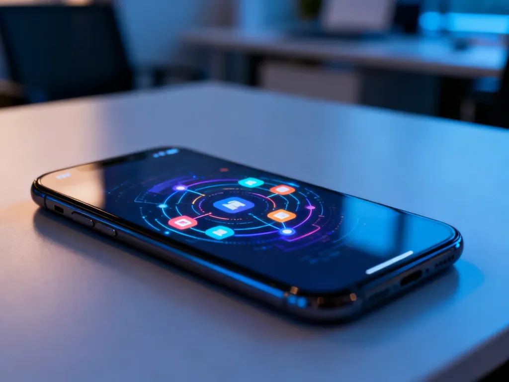 Nowoczesny smartfon z kolorowym interfejsem symbolizującym synchronizację danych i działanie usług systemowych.