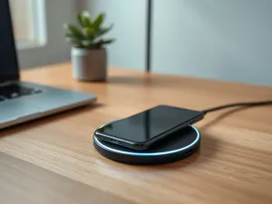 Nowoczesny smartfon leżący na drewnianym biurku w trakcie uruchamiania się w promieniach porannego słońca.