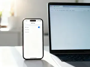 Nowoczesny smartfon z otwartym menu ustawień na ekranie, leżący na drewnianym biurku w słonecznym świetle.