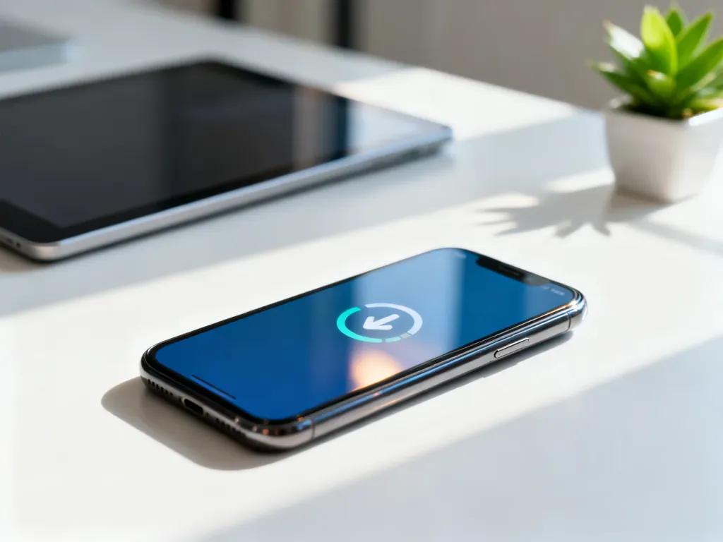 Nowoczesny smartfon na biurku z ikoną aktualizacji systemu na ekranie, symbolizujący oczekiwanie na nowe oprogramowanie iOS.