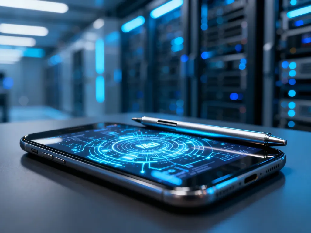 Nowoczesny smartfon z cyfrowym interfejsem renderowania stron internetowych w tle serwerowni.