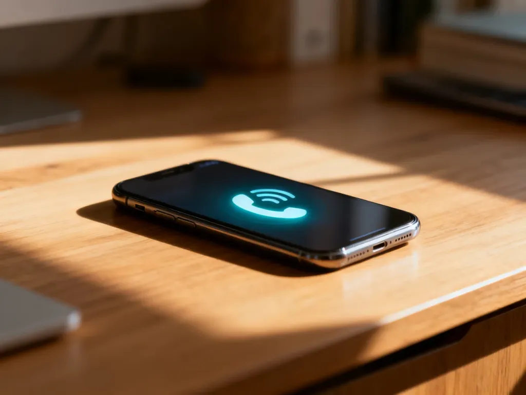 Nowoczesny smartfon na biurku z ikoną połączenia przychodzącego, symbolizujący aktywną funkcję identyfikacji rozmówcy.