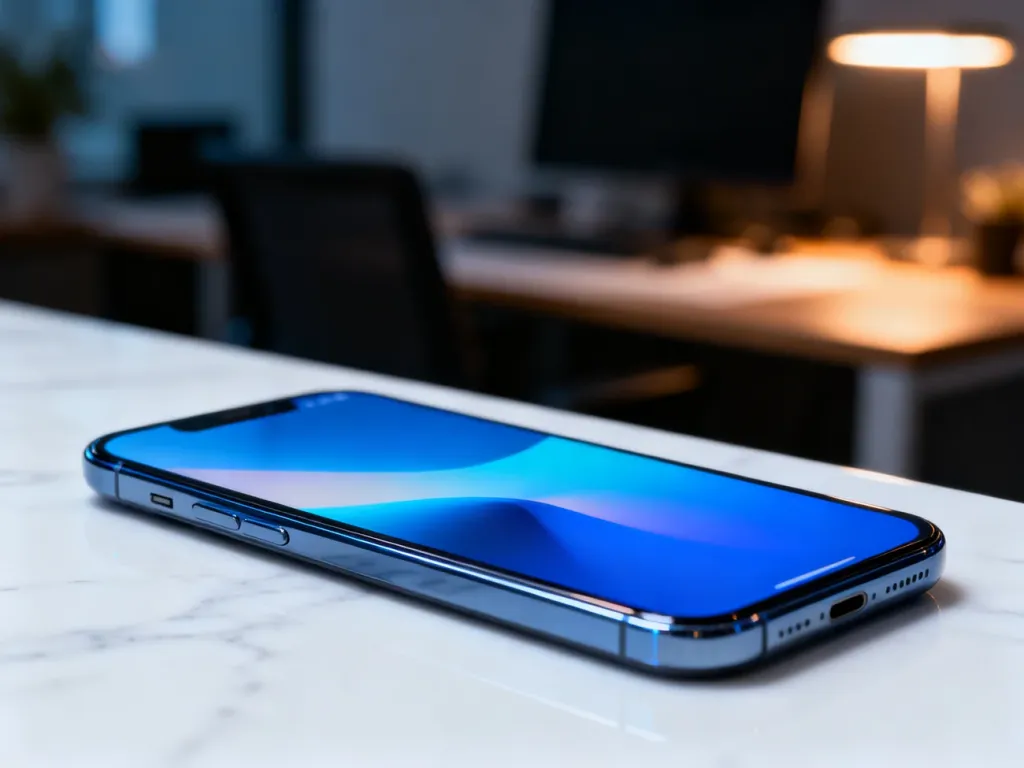 Nowoczesny smartfon z kolorową tapetą na marmurowym blacie, podkreślający elegancki i profesjonalny design systemu iOS.