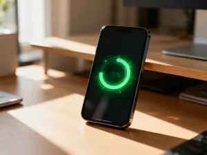 Smartfon z interfejsem Netflixa na drewnianym stole w przytulnym, wieczornym salonie z kawą i kocem.