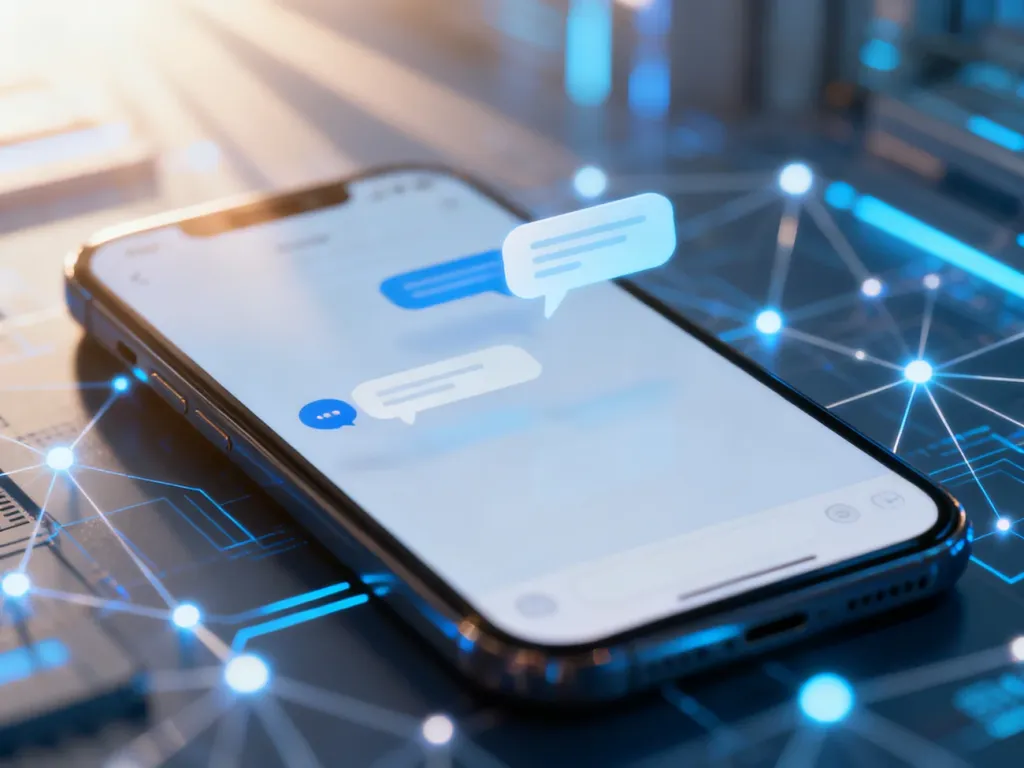 Ekran smartfona z nowoczesnym interfejsem wiadomości i cyfrowymi węzłami łączności, symbolizujący technologię RCS.
