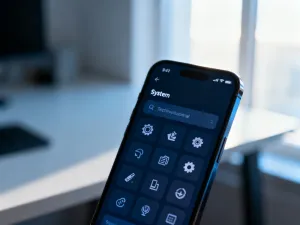 Nowoczesny smartfon leżący na drewnianym biurku obok rozmytych słuchawek bezprzewodowych.