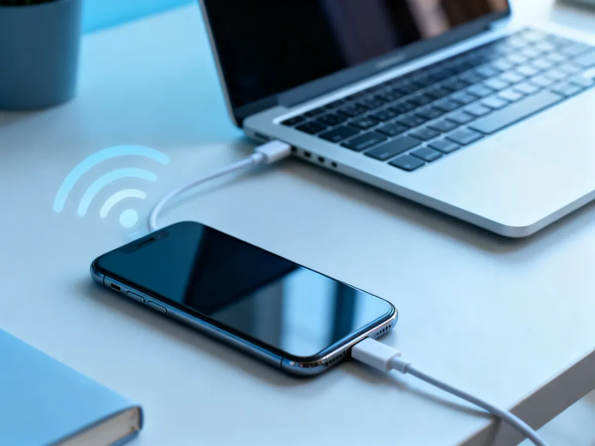iPhone udostępniający internet laptopowi przez kabel USB
