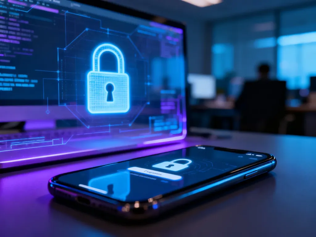 Cyfrowa ikona kłódki na ekranie komputera oraz smartfon z panelem logowania, symbolizujące bezpieczne zarządzanie hasłami.