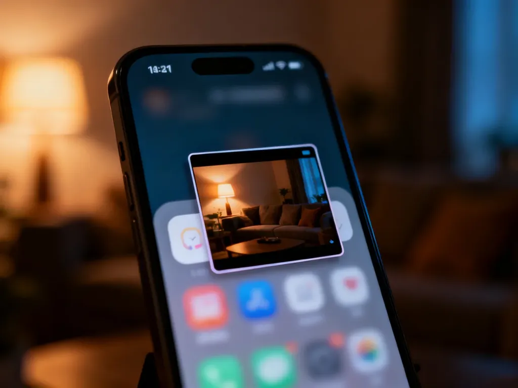 Nowoczesny smartfon z wyświetlonym małym oknem wideo w trybie obraz w obrazie na tle przytulnego salonu.