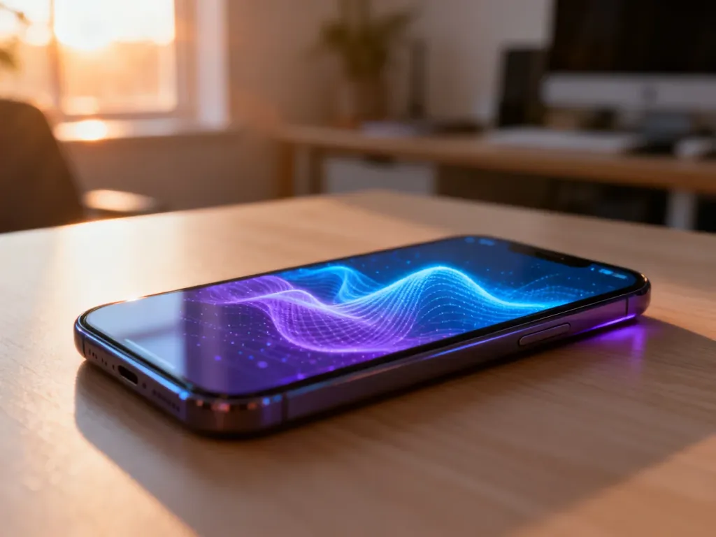 Nowoczesny smartfon z abstrakcyjną grafiką na ekranie, leżący na biurku w słonecznym domowym biurze.