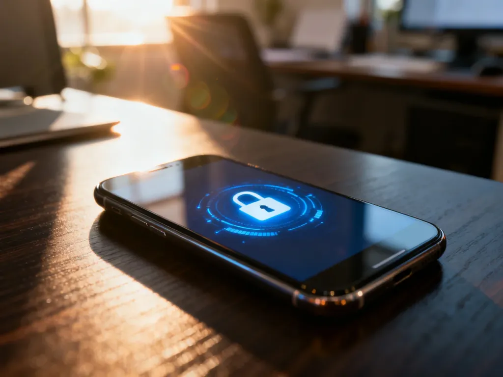Zablokowany smartfon z ikoną kłódki na ekranie, leżący na drewnianym biurku w domowym biurze.