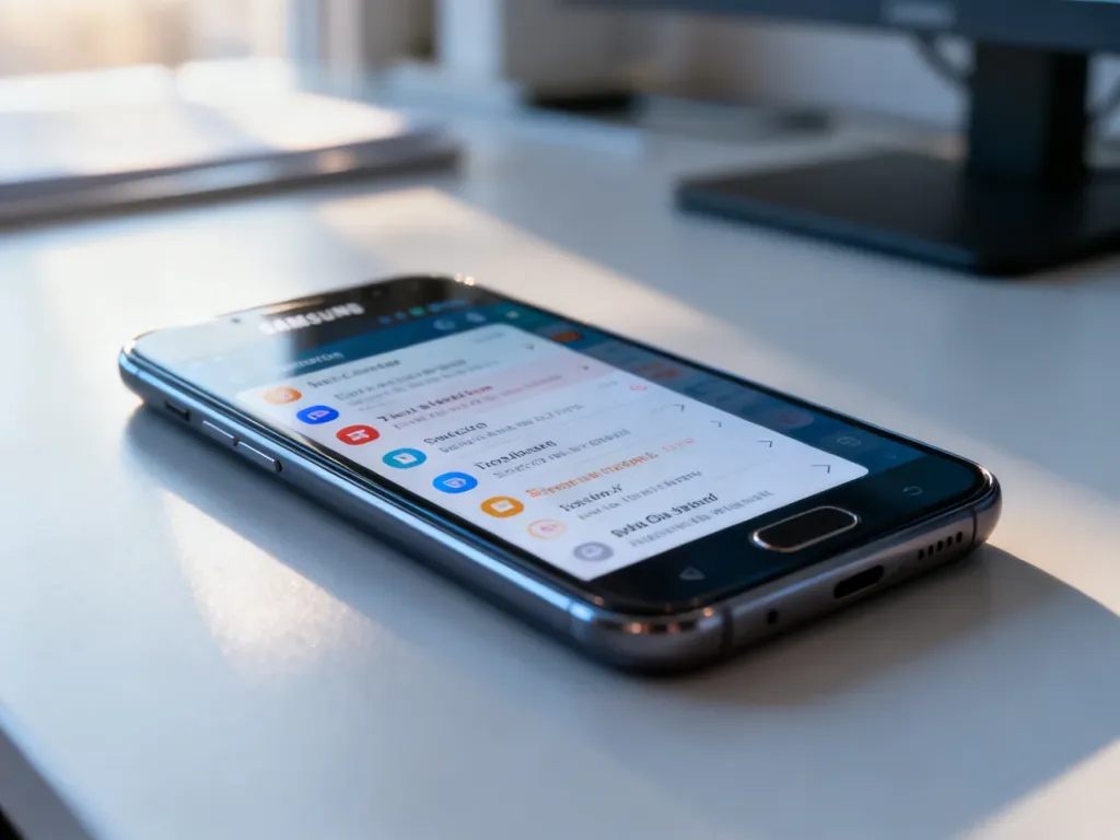 Ekran smartfona Samsung z wieloma powiadomieniami w centrum powiadomień na tle rozmytego biurka.