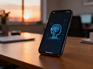 Zawieszony ekran nowoczesnego smartfona leżący na drewnianym biurku, ilustrujący problem z płynnością działania urządzenia.