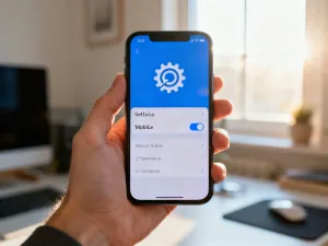 Nowoczesny smartfon z ikoną kłódki na ekranie, sygnalizującą blokadę urządzenia na drewnianym biurku.