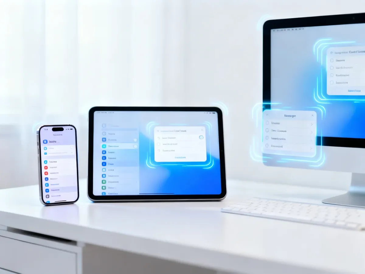 iPhone, iPad i Mac ustawione na biurku jako przykłady urządzeń zgodnych z Apple Intelligence