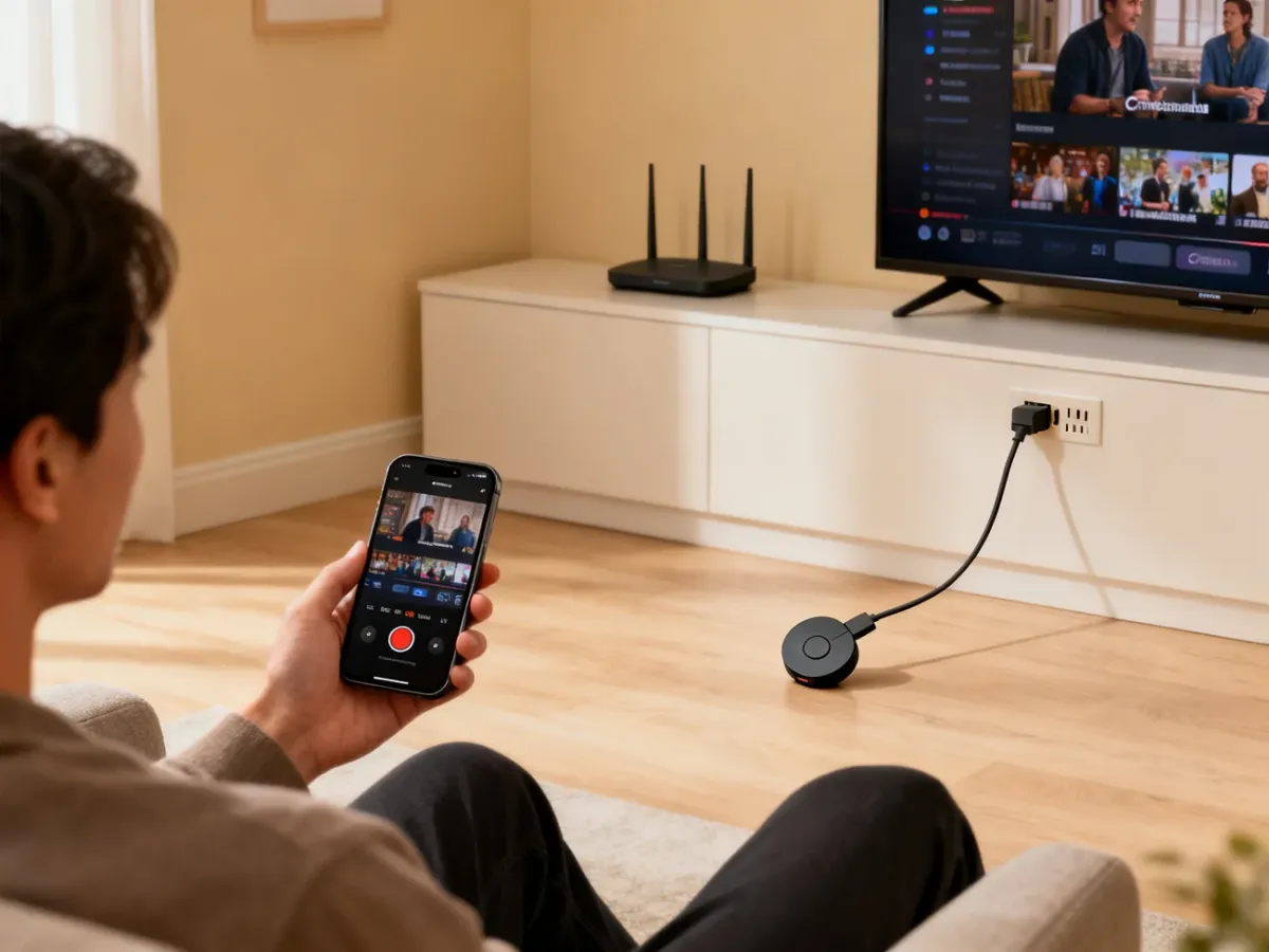 Telefon przesyłający film na telewizor przez urządzenie Chromecast
