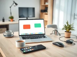 Dwa smartfony na biurku, prezentujące ikony aplikacji Wiadomości Samsung oraz Google w nowoczesnym biurze.